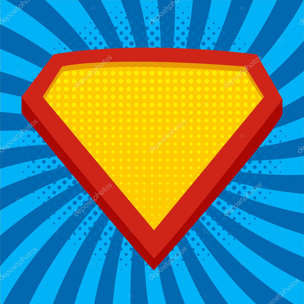 Superhero logo template at bright blue, pop art background. Vector, isolated,