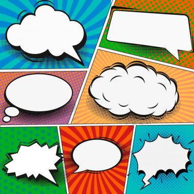 Popüler sanat tarzı çizgi roman sayfa şablonu. Renkli arka plan ile konuşma balonları, Balonlar, ses, Radyal, noktalı ve noktalı resim efektleri