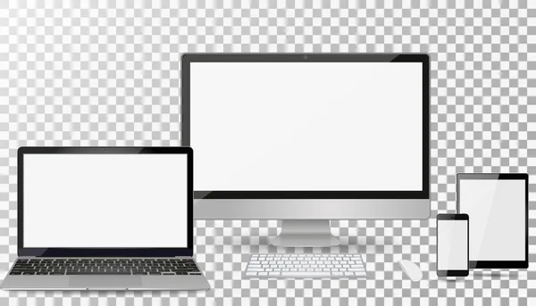 Monitor computerizat realist, laptop, tabletă și telefon mobil cu ecran de tapet tehnologic izolat. Se poate utiliza pentru prezentarea șabloanelor. Gadget electronic, Set de dispozitiv Mockup. Vector Illustration — Vector de stoc