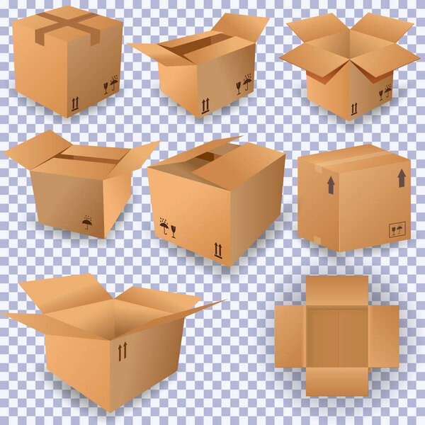 Картонная коробка макет установлен на изолированном фоне. Векторная иллюстрация. Реалистичная иллюстрация 10 картонных макетов для паутины. Коричневый вектор доставки
