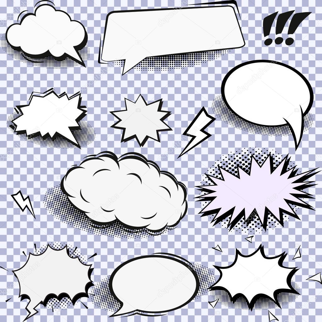 Set of vector pop art signs and comic cartoon bubbles and elements with halftone shadows