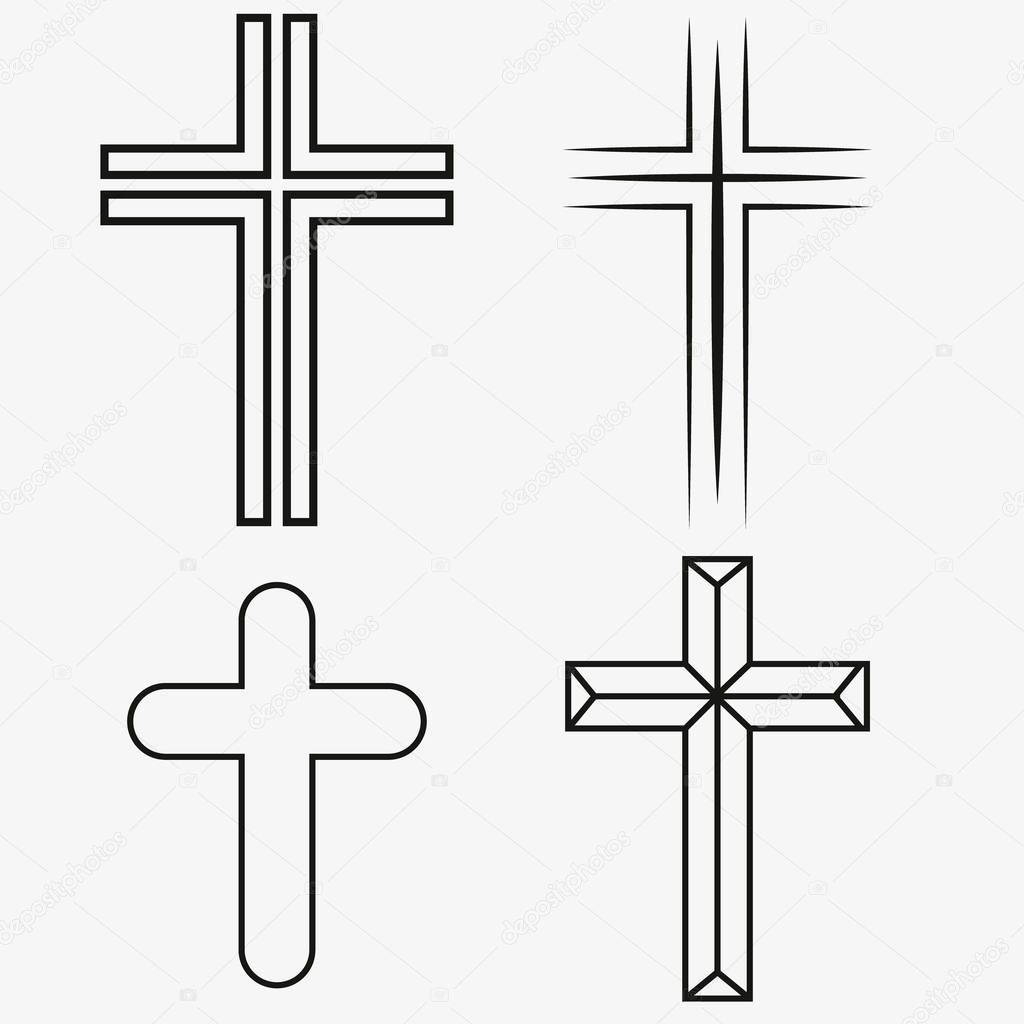 Black christian cross icon set. Abstract line christian cross. Vector illustration