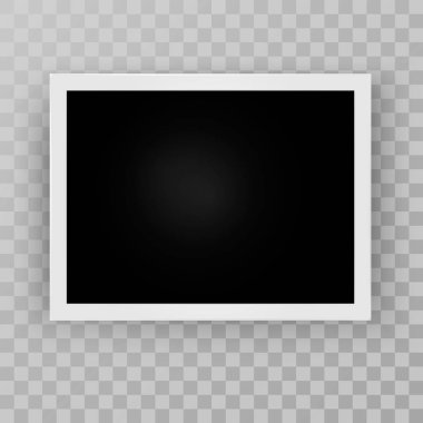Gölge efektleri beyaz plastik kenarlığı saydam arka plan üzerinde izole olan Retro gerçekçi yatay boş anında fotoğraf çerçevelemek. Şablon fotoğraf tasarım, polaroid çerçeve taklit, illüstrasyon vektör