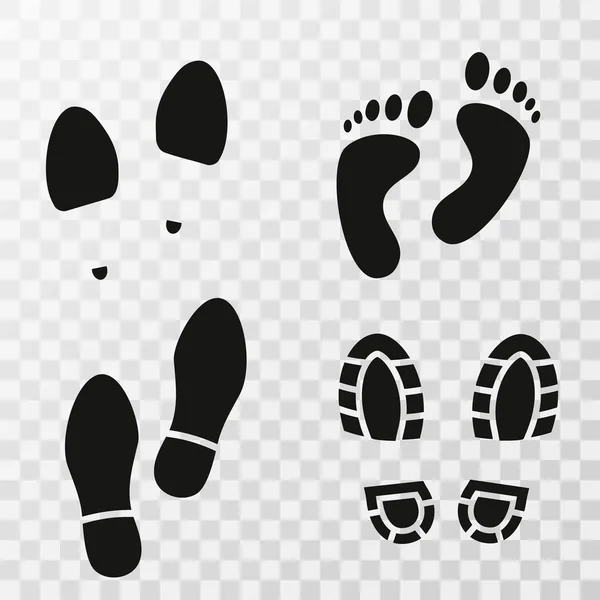 Scarpe con impronte. Passi. Impronte. Scarpa e impronta piede nudo. Impronte di scarpe impostate su sfondo trasparente . — Vettoriale Stock