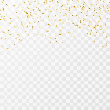 Birçok altın küçük konfeti şeffaf arka plan üzerine düşüyor. vektör çizim
