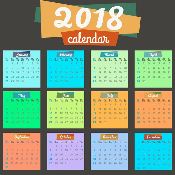 Année colorée 2018 calendrier isolé sur un fond sombre — Image vectorielle