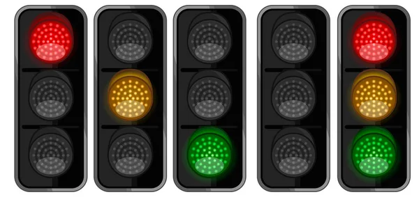Simbol lampu lalu lintas diatur pada latar belakang cahaya. Vektor ilustrasi. Tanda jalan sederhana terisolasi - Stok Vektor