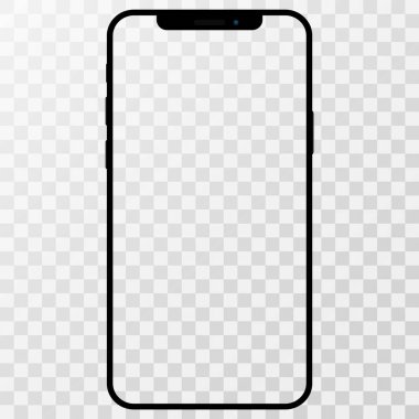 Telefon, mobil, smartphone mockup boş ekran beyaz zemin üzerine izole. Önden Görünüm gerçekçi vektör çizim telefon siyah renk ile.