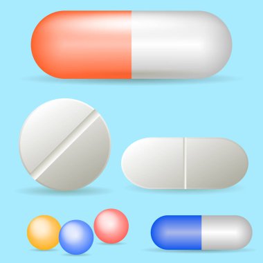 Vektör gerçekçi hap ve kapsül beyaz arka plan üzerinde izole kümesi. İlaçlar, tablet, kapsül, ilaç ağrı kesici, antibiyotik, vitamin. Sağlık tıbbi ve vektör çizim.