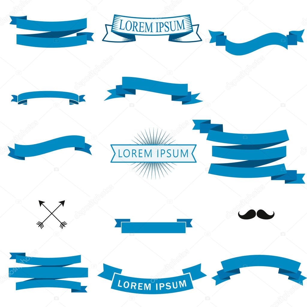 Flat vector set of the blue ribbons and banners. Great design element isolated on white background. banner, ribbon Vector illustration.