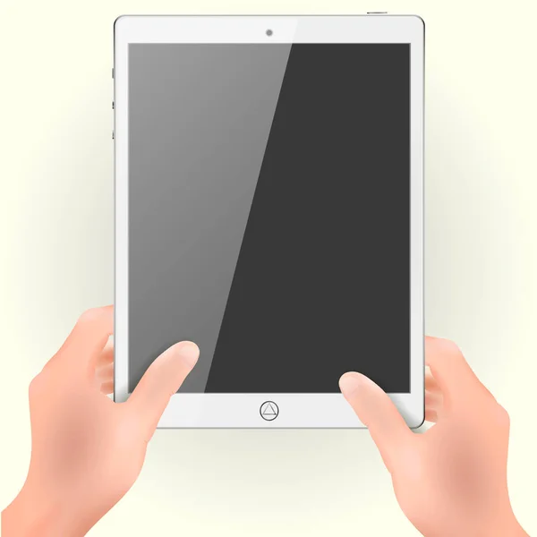 Vector manos realistas sosteniendo ipad tableta con pantalla en blanco aislado sobre fondo blanco — Vector de stock
