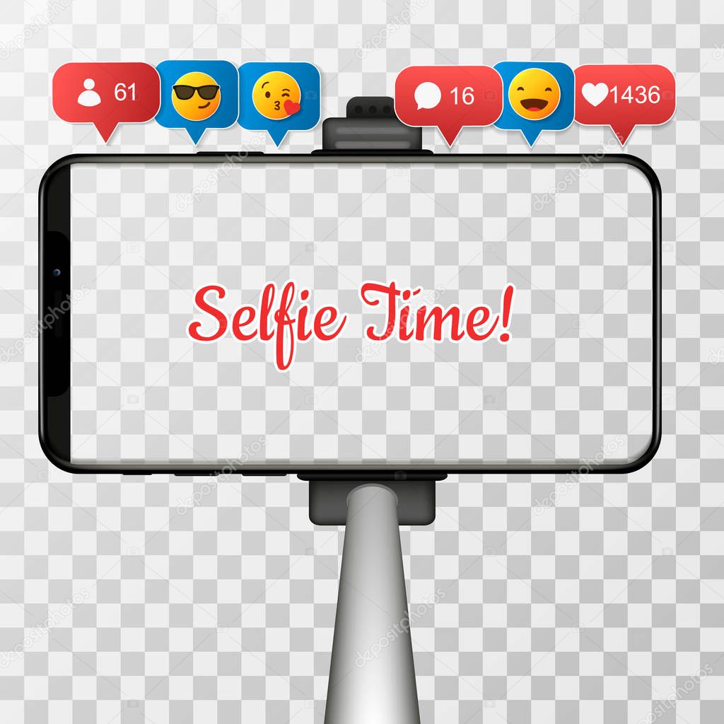 Monopod Selfie stick with the inscription Selfie time, empty smartphone screen for your design. Vector illustration.