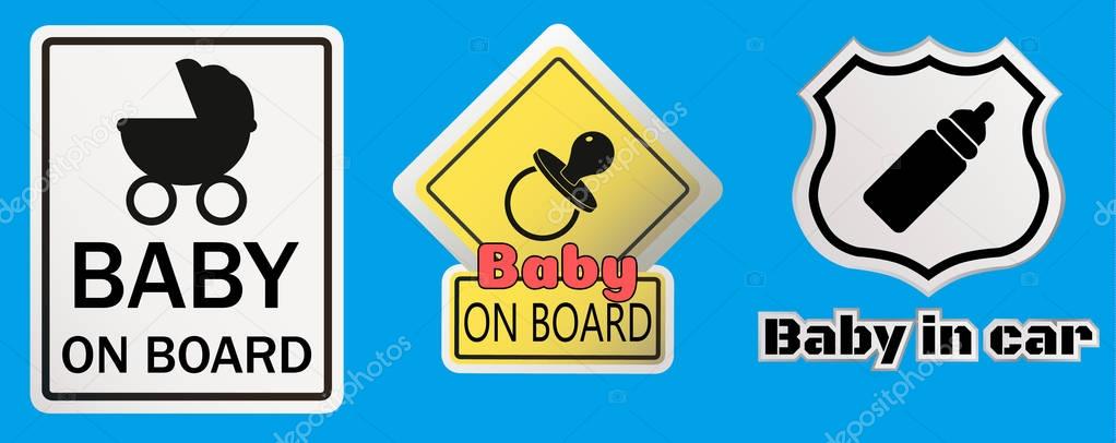 Baby On Board vector set. The sticker on the back window of the car. Children vector illustration with text