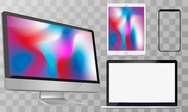 Pantalla del ordenador, ordenador portátil, Tablet PC, ilustración del vector del teléfono inteligente . — Vector de stock