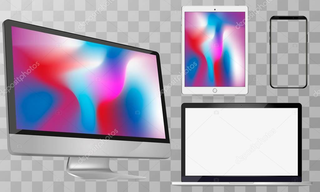 Computer Screen, Laptop, Tablet PC, Smart Phone Vector illustration.