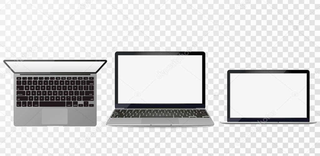 Laptop in Macbook Air style mockup with blank screen - front view.Open laptop with blank screen isolated on transparent background.Silver Laptop front view.