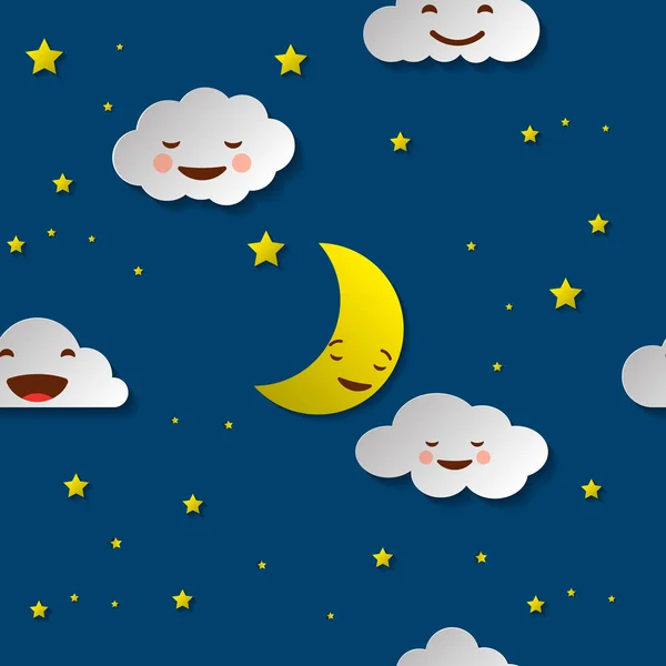 Cute sky pattern. Seamless vector design with smiling, sleeping moon, stars and clouds. Baby illustration. — Stock Vector