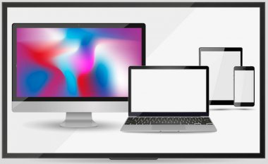Elma imac monitör, macbook dizüstü bilgisayar, tablet ipad, iphone smartphone hisse senedi vektör çizim gerçekçi kümesi