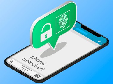Cep telefonu kilidi bir parmak izi vektör, kavram smartphone güvenlik, kişisel erişim, kullanıcı kimlik doğrulaması, oturum açma, koruma teknolojisi ile