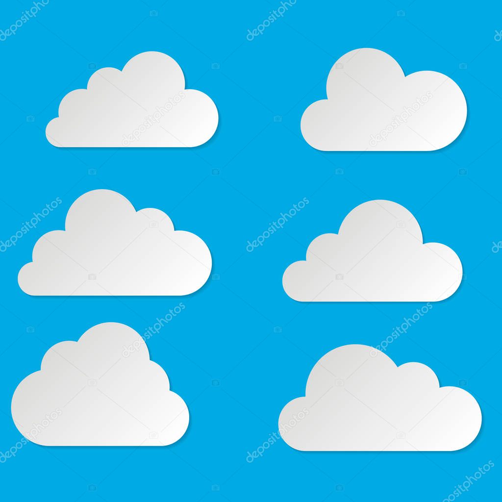 Cloud flat design. Abstract white cloudy set with shadow isolated on blue background. Cloud Vector illustration