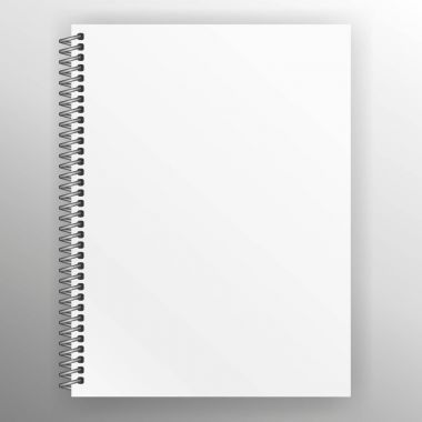 Defter üzerinde izole beyaz arka plan kadar sahte. Boş sayfaları defterini metal spiral şablonu ile. Gerçekçi kapalı defter vektör çizim.