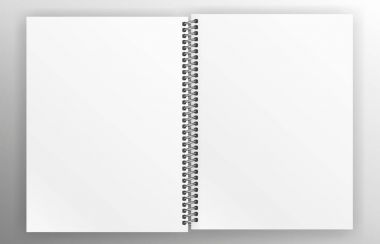Defter üzerinde izole beyaz arka plan kadar sahte. Temiz sayfalar, metal spiral şablonuyla boşaltmak. Gerçekçi açılan defter vektör çizim.