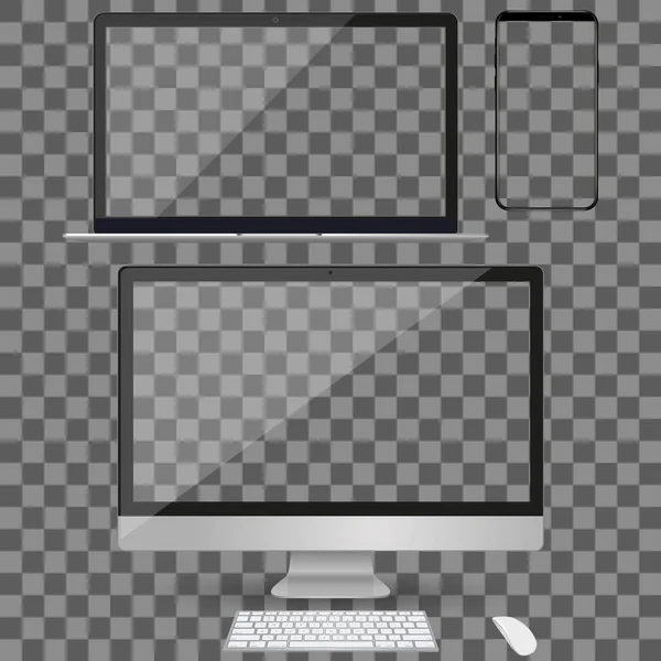 Реалистичный компьютер, ноутбук и смартфон с чистым экраном обоев изолированы на прозрачном фоне. Используйте для шаблона. Набор макетов устройств. Отдельные группы и слои. Стол Эли . — стоковый вектор