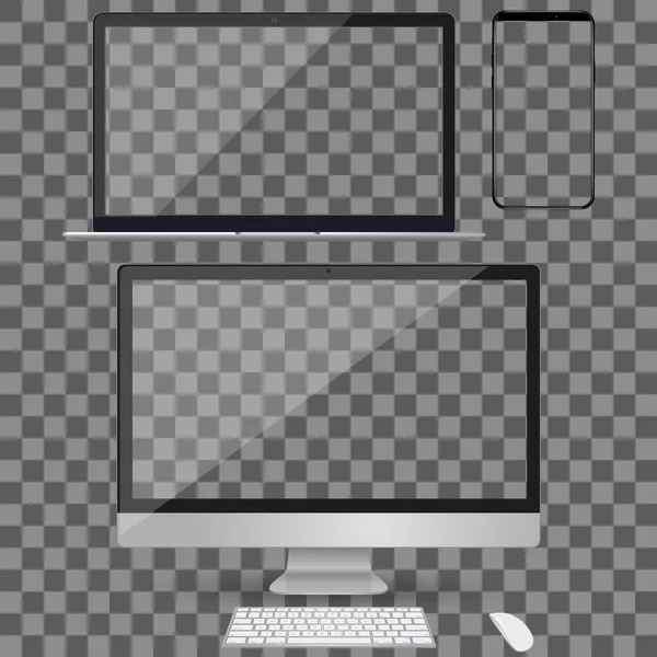 Computador realista, laptop e smartphone com tela de papel de parede em branco isolado em fundo transparente. Use para Template. Conjunto de dispositivo Mockup. Grupos e camadas separados. Facilmente editável . —  Vetores de Stock