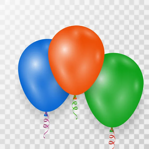 Balão de hélio azul laranja e verde. Balão de aniversário voando para festa e celebrações. Isolado em fundo transparente xadrez. Ilustração vetorial para o seu design e negócios . —  Vetores de Stock