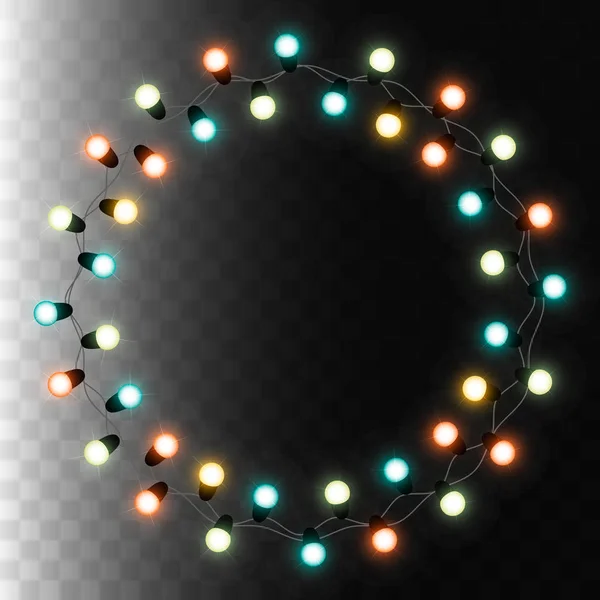 Vánoční stromeček řetězec věnec v kruhu tvar a text prostoru izolované na pozadí. Realistické Vánoce, nový rok party dekorace s průhledností. Žárovka výzdobou. Hranice světel. — Stockový vektor