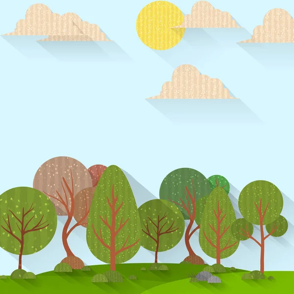 Fondo del bosque soleado. Ilustración vectorial de maderas en bosque en fondo de luz solar . — Vector de stock