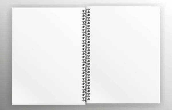 Notebook modell akár a elszigetelt fehér háttér. Tiszta oldal, copybook, fém spirál sablonnal. Reális megnyitott notebook vektoros illusztráció. — Stock Vector