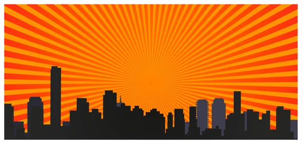 Salida Del Sol Moderna Silueta Negra Ciudad Estilo Pop Art — Vector de stock