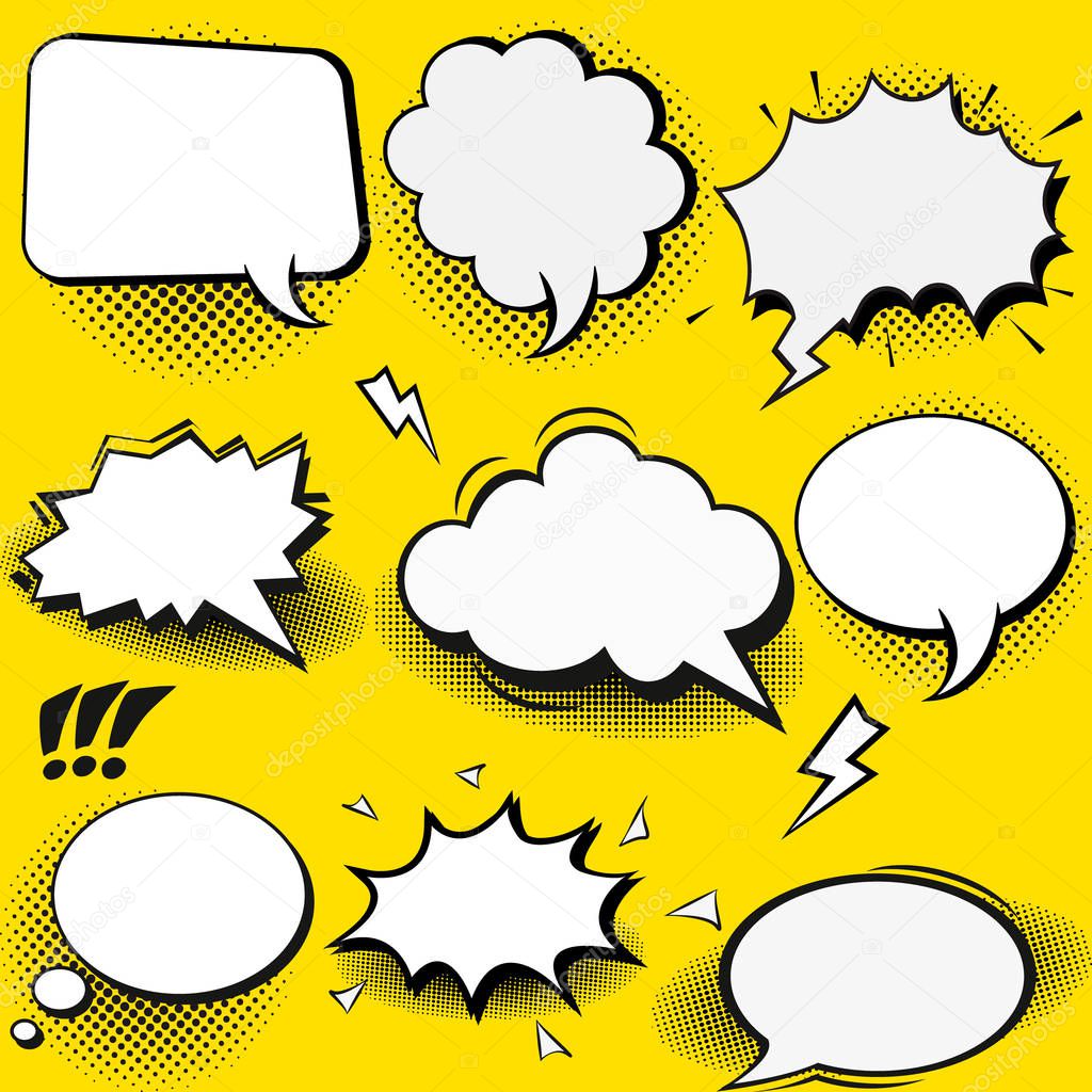 Vector set of stickers of speech bubbles. Blank empty white speech bubbles.