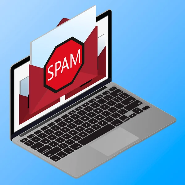 Izometrické spam schránky koncept, spousta e-mailů na obrazovce monitoru. E-mail box hackování, spam upozornění. Vektorové ilustrace — Stockový vektor