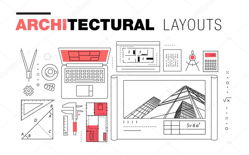 Architectural layouts in trendy polygonal  line composition