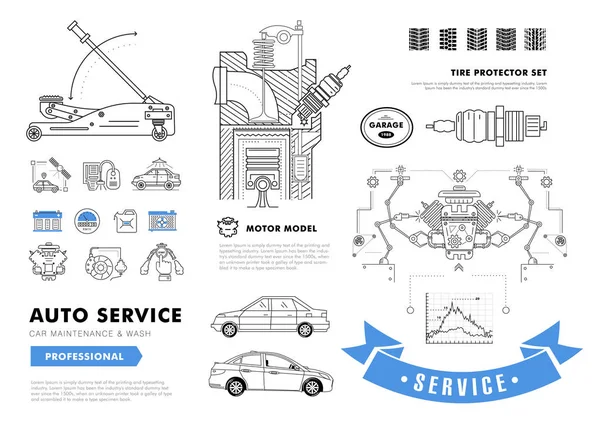 Auto service konturlinje sammansättning. — Stock vektor