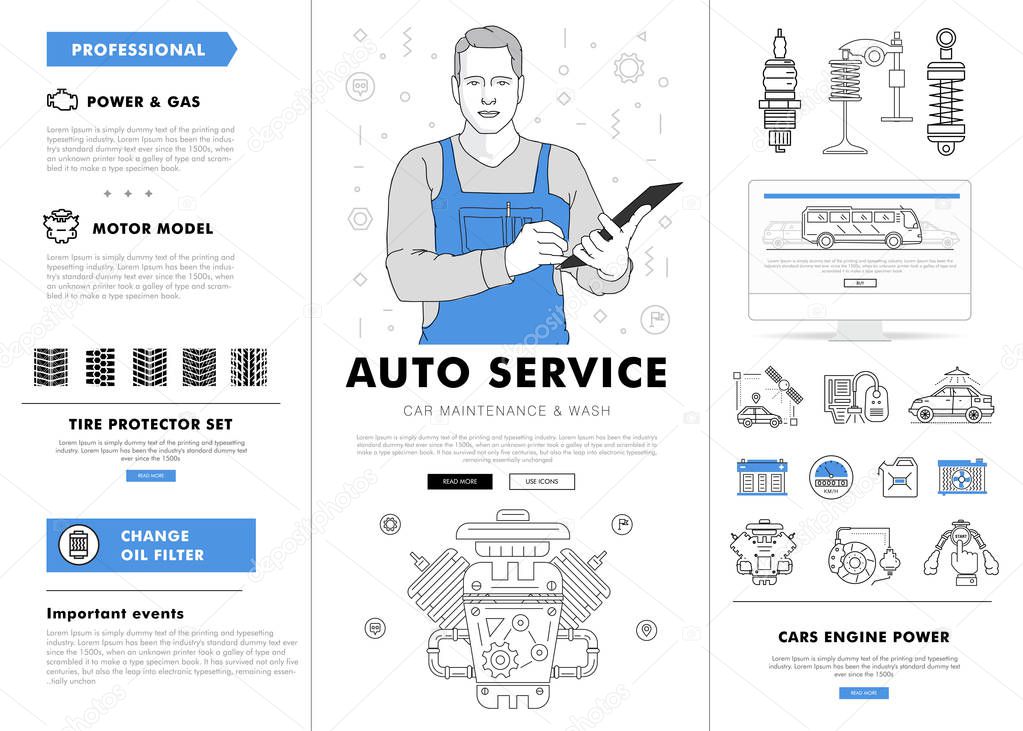 Auto service contour line composition. Technology operations. Diagnostics machine centre. Mechanic worker on station. Awesome big set thin style. Automobile pictogram and icons elements for web.