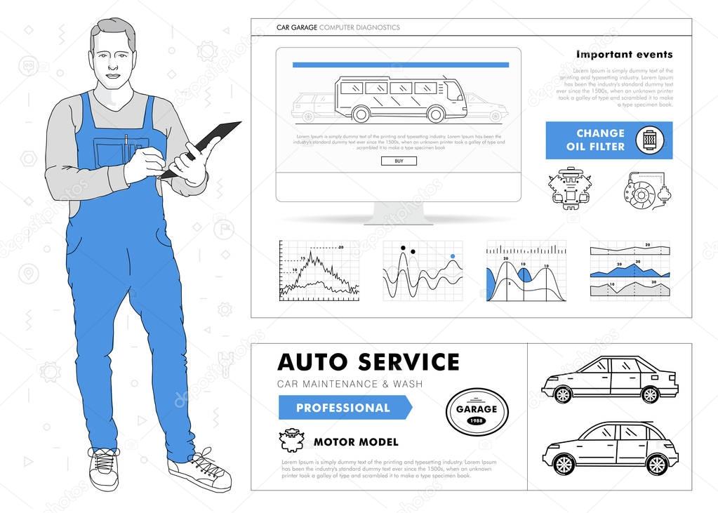 Auto service contour line composition. Technology operations. Diagnostics machine centre. Mechanic worker on station. Awesome big set thin style. Automobile pictogram and icons elements for web.