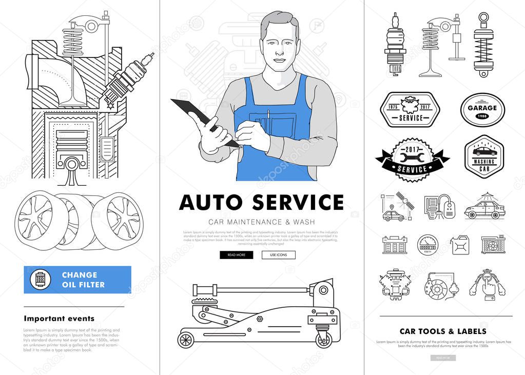 Auto service contour line composition. Technology operations. Diagnostics machine centre. Mechanic worker on station. Awesome big set thin style. Automobile pictogram and icons elements for web.