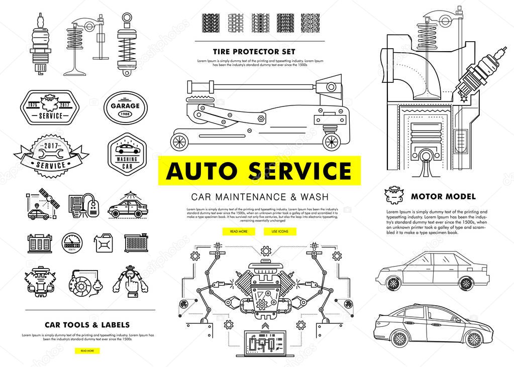 Auto service contour line composition. Technology operations. Diagnostics machine centre. Mechanic worker on station. Awesome big set thin style. Automobile pictogram and icons elements for web.