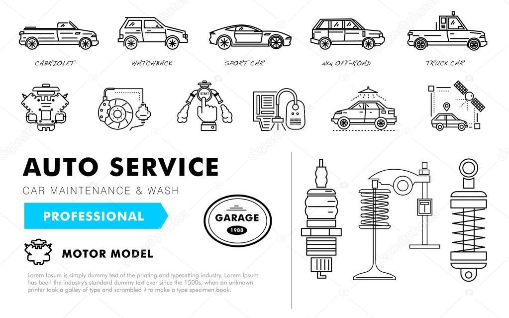 Auto service contour line composition. Technology operations. Diagnostics machine centre. Mechanic worker on station. Awesome big set thin style. Automobile pictogram and icons elements for web.
