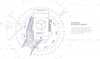 İnsanlar ve robotlar cihazları bağlamak yenilikler sistemleri. Gelecekteki teknolojileri sektöründe cihazlarve aygıtlar cyborg sistemleri ve bilgisayarlar üzerinden harika internet gelişmeler. Doğrusal piktogram stiliyle geometri 