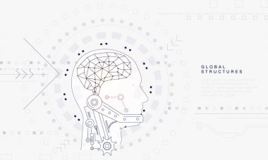 İnsanlar ve robotlar cihazları bağlamak yenilikler sistemleri. Gelecekteki teknolojileri sektöründe cihazlarve aygıtlar cyborg sistemleri ve bilgisayarlar üzerinden harika internet gelişmeler. Doğrusal piktogram stiliyle geometri 