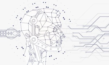 İnsanlar ve robotlar cihazları bağlamak yenilikler sistemleri. Gelecekteki teknolojileri sektöründe cihazlarve aygıtlar cyborg sistemleri ve bilgisayarlar üzerinden harika internet gelişmeler. Doğrusal piktogram stiliyle geometri 