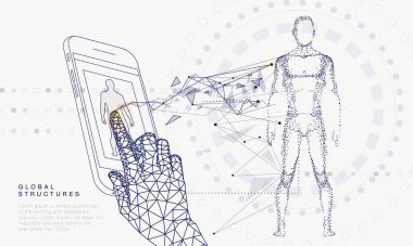 İnsanlar ve robotlar cihazları bağlamak yenilikler sistemleri. Gelecekteki teknolojileri sektöründe cihazlarve aygıtlar cyborg sistemleri ve bilgisayarlar üzerinden harika internet gelişmeler. Doğrusal piktogram stiliyle geometri 