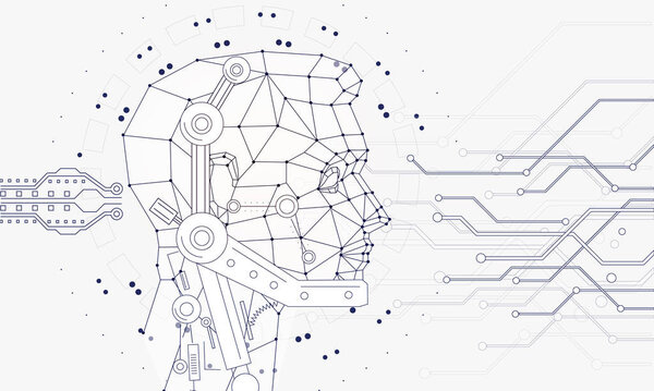 Инновационные системы, соединяющие людей и роботов. Будущие технологии в автоматике киборг-систем и компьютерной промышленности от удивительных интернет-разработок. Геометрический стиль с линейной пиктограммой
 
