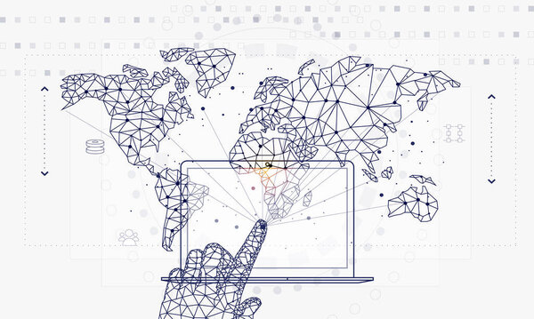 Инновационные системы, соединяющие людей и роботов. Будущие технологии в автоматике киборг-систем и компьютерной промышленности от удивительных интернет-разработок. Геометрический стиль с линейной пиктограммой
 