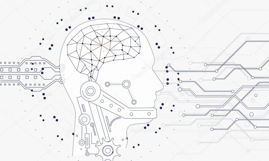 Innovations systems connecting people and robots devices. Future technologies in automatics cyborg systems and computers industry from awesome internet developments. Geometry style with linear pictogram 