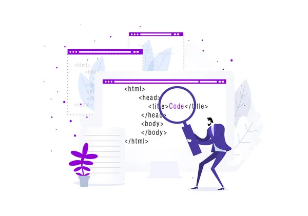 Business Metaphor Man Magnifying Glass Engaged Programmingcompare Your Trade Model — Stock Vector